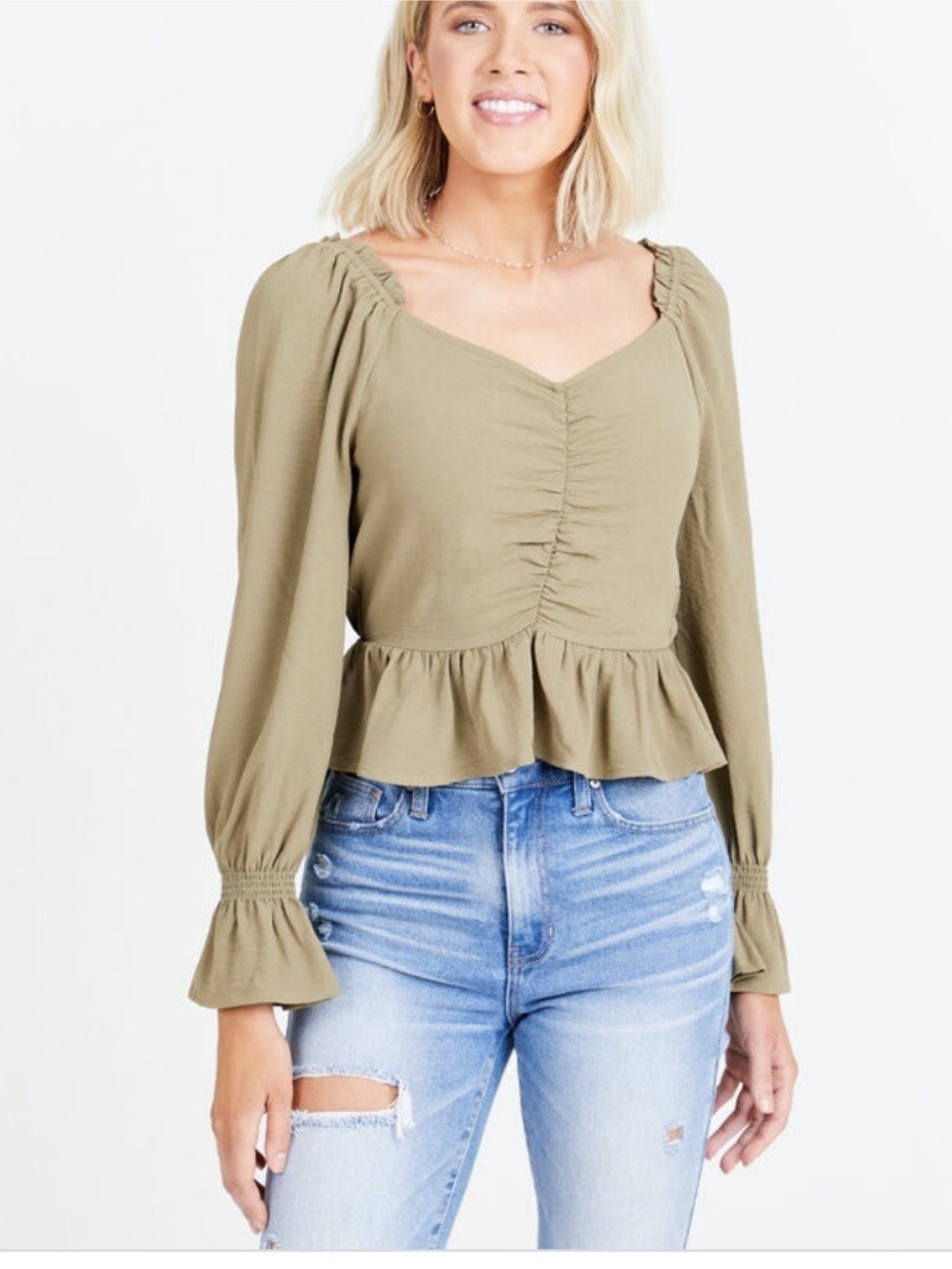 NWT Altar'd State Olive Peplum Ruffle Blouse Size S